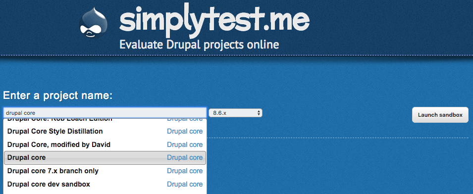 SimplyTest Me Screenshot, showing drop down fields described in the text.